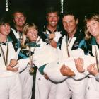 Jan Shearer (right) celebrates with fellow medal-winners (from left) Leslie Egnot, Rod Davis,...