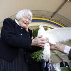 Jean Hubbard releases a dove in memory of her late husband, Allan Hubbard, who died in a car...