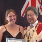 Jennifer Jackson, from South Africa, with Dunedin Mayor Peter Chin during the New Zealand...