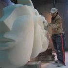 Jin Lee works on an Oamaru stone sculpture in her Korean studio.