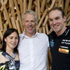 John Hellemans (centre) is flanked by Beijing Olympic triathletes Andrea Hewitt and Kris Gemmell...