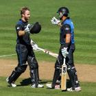 Kane Williamson (L) receives congratulations from Ross Taylor after reaching his century against...