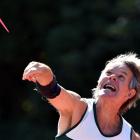 Keith Hutton (66), of Central Otago, on his way to winning the men’s 65-69 years javelin event...