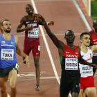 Kenya's David Rudisha (centre) celebrates winning the 800m final in Beijing. Photo: Reuters