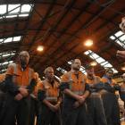 Labour leader Phil Goff addresses staff at Hillside Engineering yesterday. Photo by Peter McIntosh.
