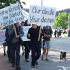 Leading the way in the Alexandra climate change march with placards are Brian Turner, of Oturehua...