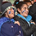 Lily-Ann Etevati (left) and Cecilia Vele sing the Samoan national anthem as the Manu Samoa v All...