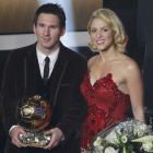 Lionel Messi of Argentina, FIFA World Player of the Year holds his FIFA Ballon d'Or 2011 trophy...