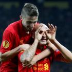 Liverpool's Jonjo Shelvey celebrates with a teammate after scoring against BSC Young Boys (YB)...
