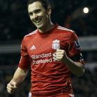 Liverpool winger Stewart Downing celebrates after scoring during their FA Cup match against...