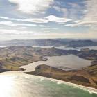 Looking over Allans Beach, with Hoopers Inlet and Harbour Cone centre, Papanui Inlet at right and...