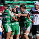 Manawatu players celebrate the try on Rob Foreman during the round four ITM Cup match between...
