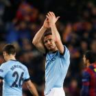 Manchester City's Frank Lampard applauds fans at the end of the match against Barcelona at the...