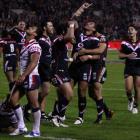 Manu Vatuvei of the Warriors celebrates his try during against the Sydney Roosters. (Photo by...