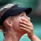 Maria Sharapova of Russia reacts after winning her semifinal match against Petra Kvitova of the...