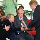 John McBride's grand-niece May Hanning, nee McBride, exchanges gifts with US Ambassador to New...