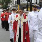 Mayor Dave Cull inspects the crew with HMNZS Otago Lieutenant-commander Rob McCaw, at the charter...