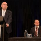 Minister Steven Joyce and CEO of Skycity Nigel Morrison talk to media about the SkyCity...