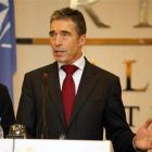 NATO Secretary-General Anders Fogh Rasmussen speaks to reporters in Tripoli, Libya. NATO's...