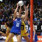 Southern Steel goal defence Erika Burgess intercepts a pass to Central Pulse goal shoot Jamilah...