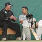 New Black Caps coach Andy Moles has a quiet word with top-order batsman Ross Taylor during an...