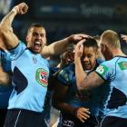 New South Wales players (L to R) Blake Ferguson, Jarryd Hayne and Luke Lewis a try by Hayne...