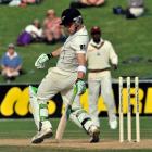 New Zealand batsman Brendon McCullum swings and apparently misses, although judged out by a...