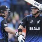 New Zealand batsman Corey Anderson (right) celebrates his 50 runs alongside teammate Luke Ronchi...