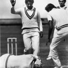 New Zealand batsman Lance Cairns lies on the Carisbrook pitch after being struck on the head by a...