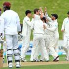 New Zealand Captain Brendon McCullum (right) congratulates Tim Southee on taking the wicket of...