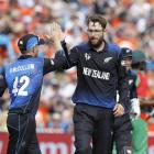 New Zealand's Daniel Vettori (R) celebrates dismissing Bangladesh's Soumya Sarkar with Brendan...