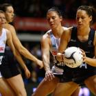 New Zealand's Jodi Brown (R) takes a pass during the match against South Africa. Photo Getty