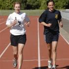 New Zealand schools representatives Anna Kean (left) and Rebekah Greene train at the Caledonian...