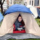 Niamh O'Flynn, part of the "Occupy Dunedin" protest, looks out at the rain from her tent...