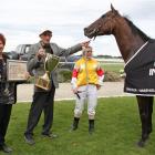 Noeline and Graham Dobbs and  rider Jillian Morris with  Ya Dreamin Jonesy after his win in the...