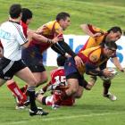 North Otago flanker Josh Collier reaches out to score a try against Poverty Bay in Oamaru on...