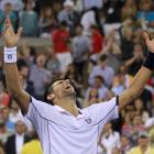 Novak Djokovic of Serbia celebrates after defeating Rafael Nadal of Spain in the men's final of...