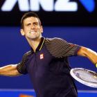 Novak Djokovic of Serbia celebrates defeating David Ferrer of Spain in their men's singles semi...
