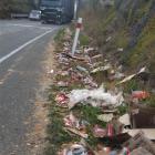 Packets of biscuits lie strewn along State Highway 1 by the Deborah overbridge yesterday...