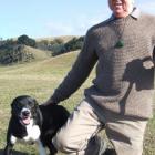 Des Lysaght and Tyke take a break from competing at the Oamaru Collie Club’s trials yesterday....