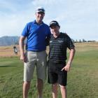 Olympic rower Mahe Drysdale (left) stands with his coach and caddy Guy Wilson before teeing off...