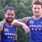 Otago backs Buxton Popoali'i (left) and Glenn Dickson show off the new Otago playing strip. Photo...