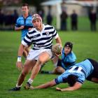 Otago Boys' High School fullback Reece Mau'u beats five tackles in a 40m run to score the best...