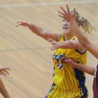 Otago Goldrush forward Patrice McKenzie fires off a pass between Harbour Breeze guard Chelsea...