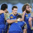 Otago hooker Liam Coltman gives his team a rev-up after a Wellington try during the ITM Cup match...
