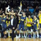 Otago Nuggets coach Alf Arlidge breaks into a dance after  his side's 74-67 win against the...