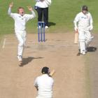 Otago opening bowler Neil Wagner (left) traps Wellington batsman Neal Parlane lbw during a drawn...