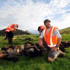 Otago Peninsula Biodiversity Group project manager Richard Wilson with a pile of dead possums,...