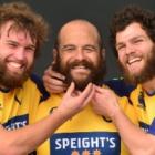 Otago players (from left) Liam Coltman, Tama Tuirirangi and Kieran Moffat embrace the  beards...
