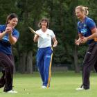 Otago Sparks player-coach Clare Taylor (centre) gives Sarah Tsukigawa (left) and Suzy Bates...